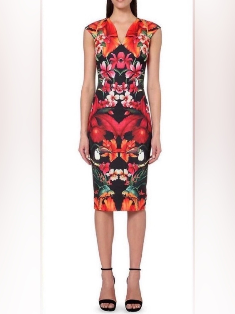 Ted Baker Bismii Toucan Mirror Print Sheath Dress EUC Sz 8 Bodycon Tropical